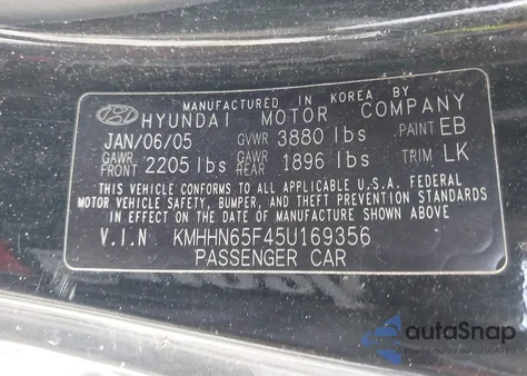 2005 Hyundai Tiburon Gt z USA, uszkodzony, nr VIN KMHHN65F45U169356